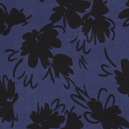 tencel bleu fleurs noires