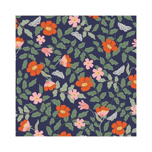 Strawberry fields primrose navy rayon - Rifle paper co