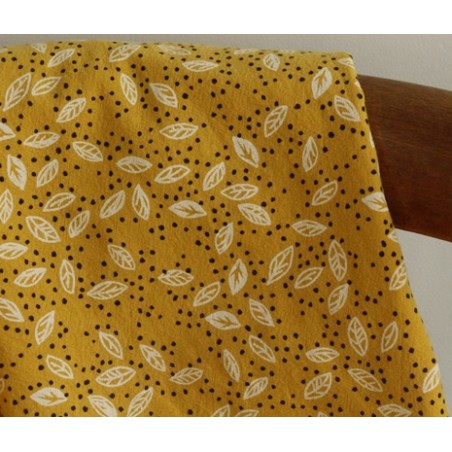 tissu coton lavé feuilles - moutarde
