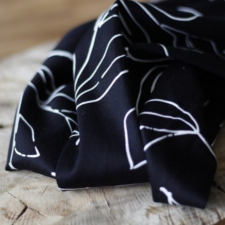 Tissu Satin de coton stretch - feuilles noir