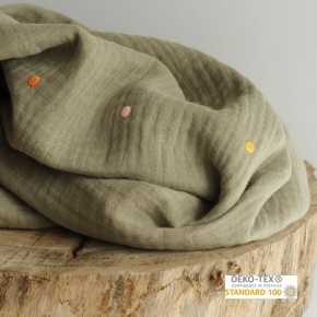 tissu double gaze kaki - pois brodés