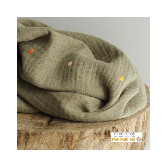 tissu double gaze kaki - pois brodés