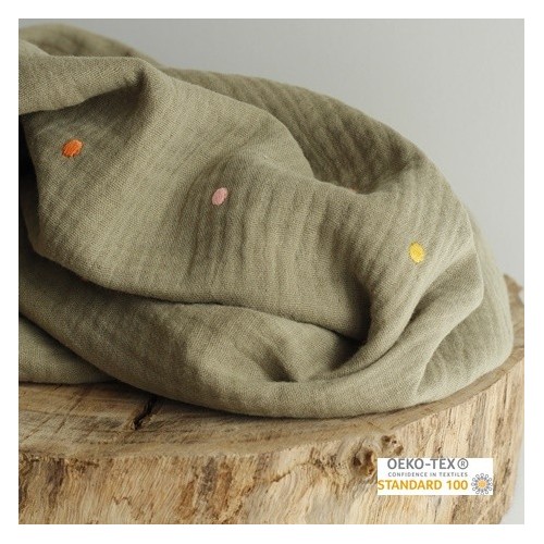 tissu double gaze kaki - pois brodés tissu double gaze kaki - pois brodés