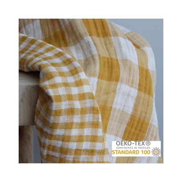 tissu double gaze carreaux - ocre