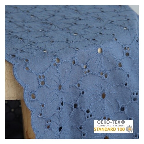 tissu coton brodé - bleu
