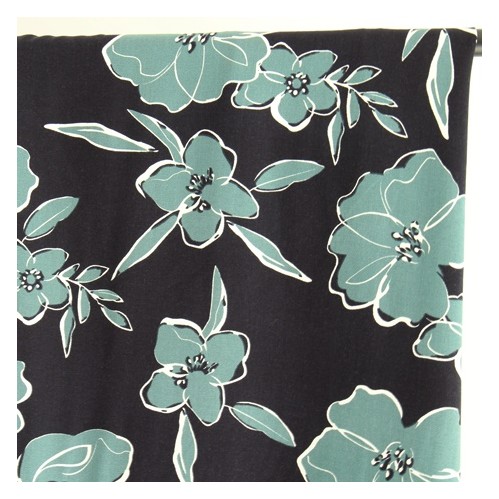 TWILL DE VISCOSE FLEURS - marine et vert TWILL DE VISCOSE FLEURS - marine et vert