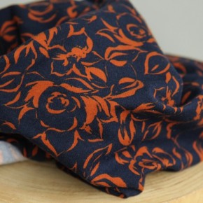 tissu sweat en coton à fleurs - marine et rouille