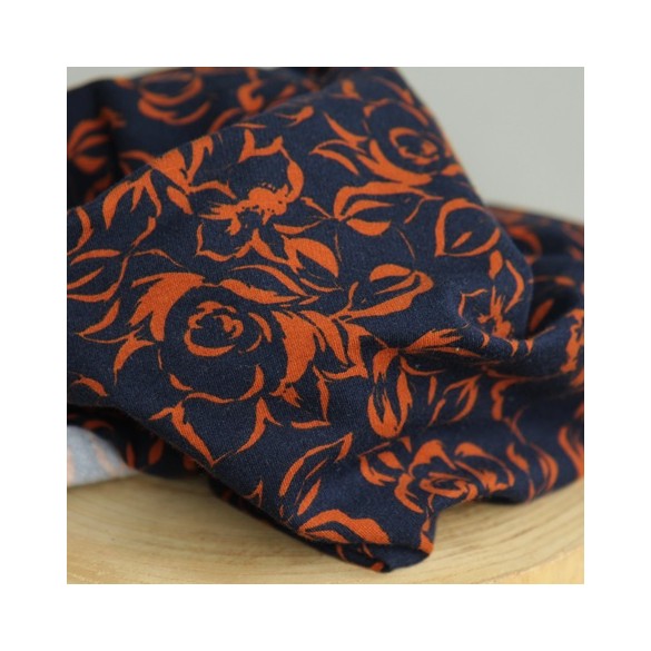 tissu sweat en coton à fleurs - marine et rouille