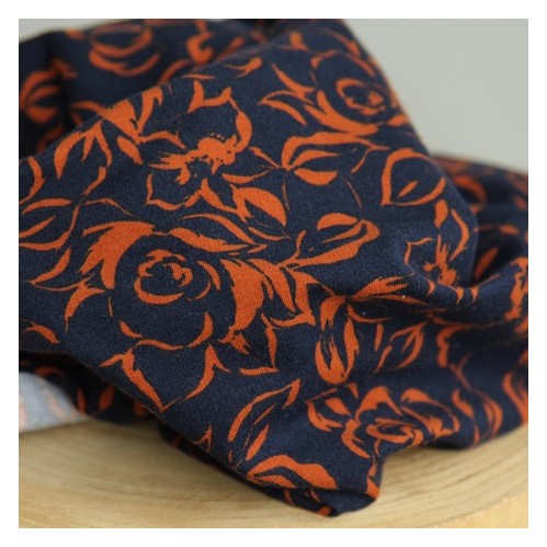 tissu sweat en coton à fleurs - marine et rouille tissu sweat en coton à fleurs - marine et rouille