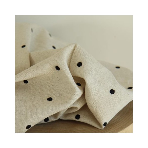 tissu lin et viscose brodé - pois noirs