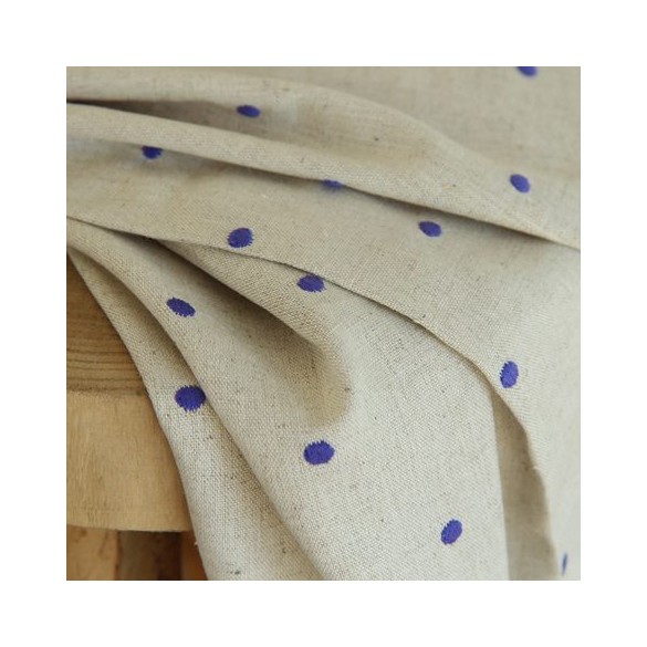 tissu lin et viscose brodé - pois bleus