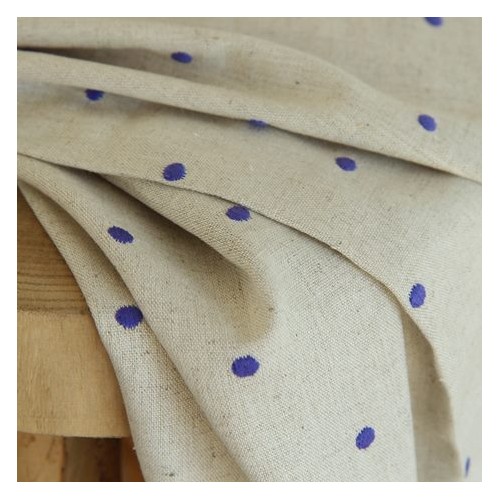tissu lin et viscose brodé - pois bleus tissu lin et viscose brodé - pois bleus