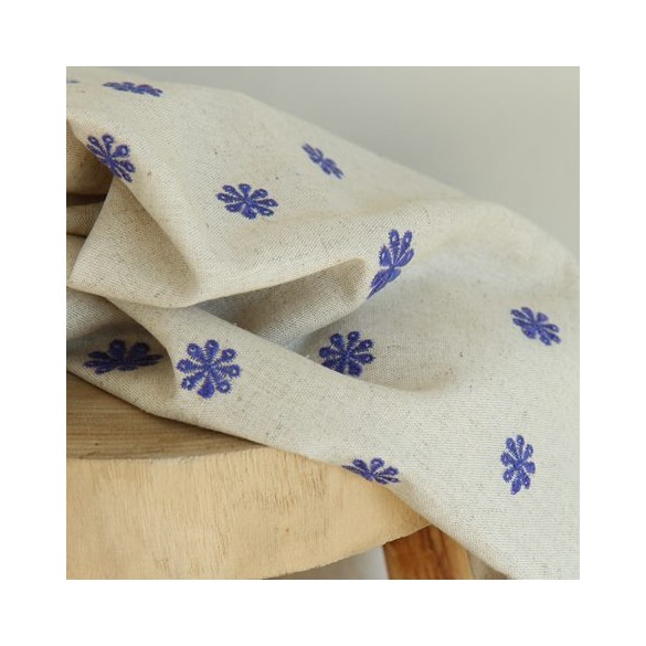 Lin et Viscose  brodé - fleurs bleues