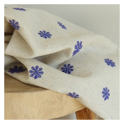 Lin et Viscose brodé - fleurs bleues Lin et Viscose brodé - fleurs bleues
