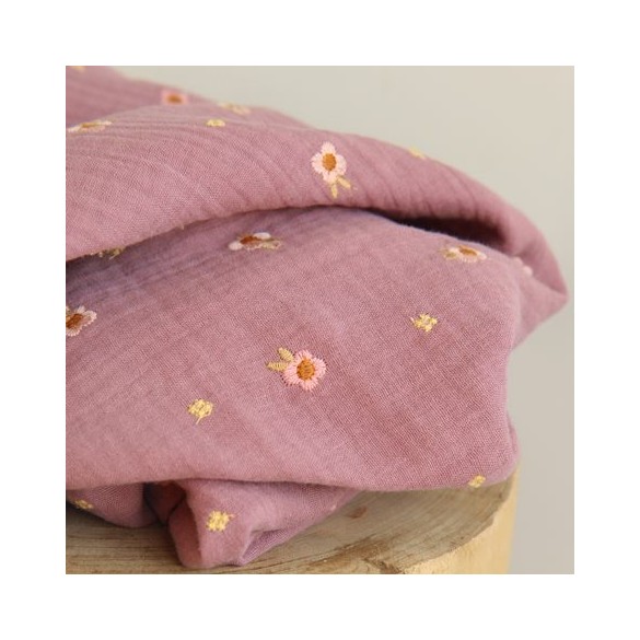 Double gaze coton brodé fleurs - vieux rose