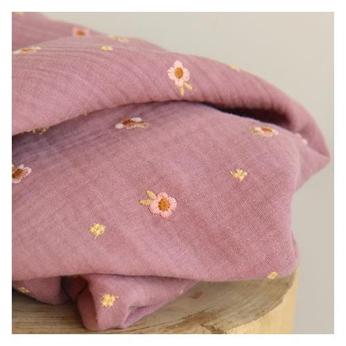 Double gaze coton brodé fleurs - vieux rose Double gaze coton brodé fleurs - vieux rose