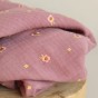 Double gaze coton brodé fleurs - vieux rose