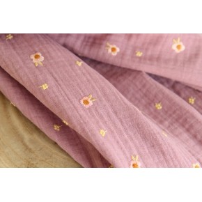 tissu coton double gaze brodé de fleurs - rose