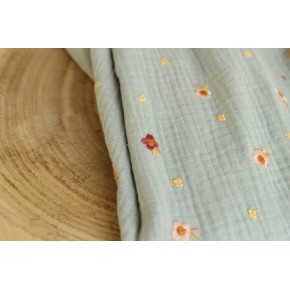 tissu coton double gaze brodé de fleurs - rose