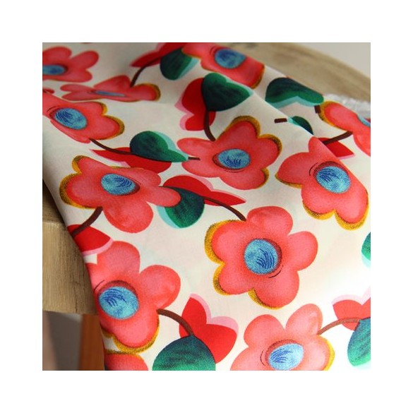 Tissu popeline de viscose - fleurs corail