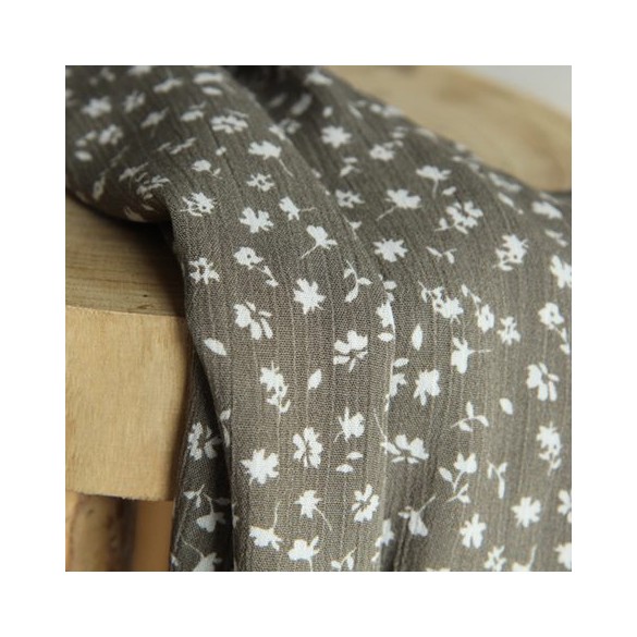 tissu crépon imprimé fleurs - kaki