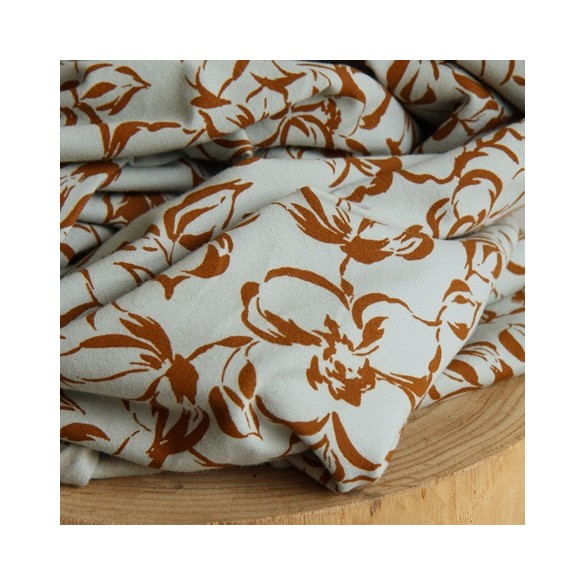 tissu sweat en coton à fleurs - ciel et caramel