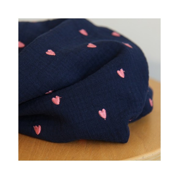 double gaze brodé - coeurs rose