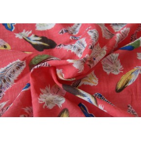 tissu imprimé plumes - corail
