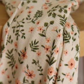 tissu côtelé écru et fleurs roses et vertes