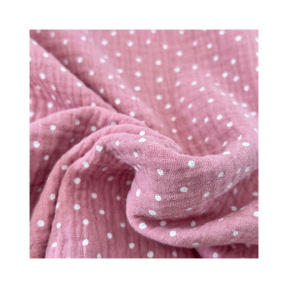 tissu en double gaze rose clair et pois blancs - un chat sur un fil