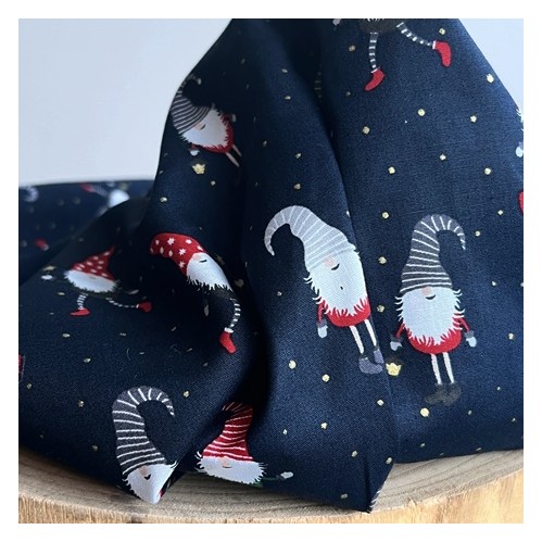 Coton imprimé lutin de noel - marine Coton imprimé lutin de noel - marine