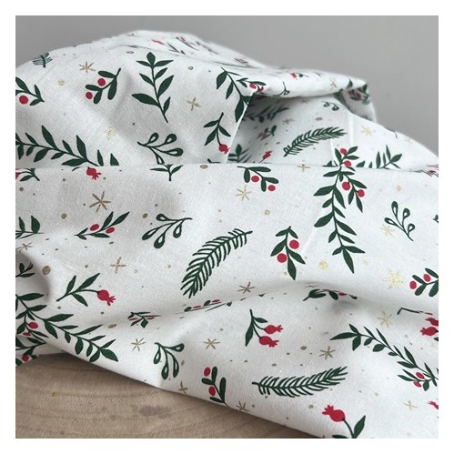 coton imprimé étoile et houx - blanc cassé coton imprimé étoile et houx - blanc cassé