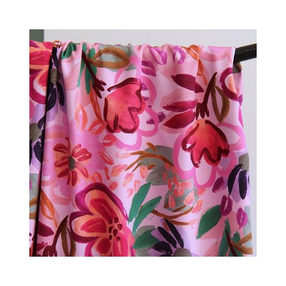 joli satin de coton fleurs -  rose