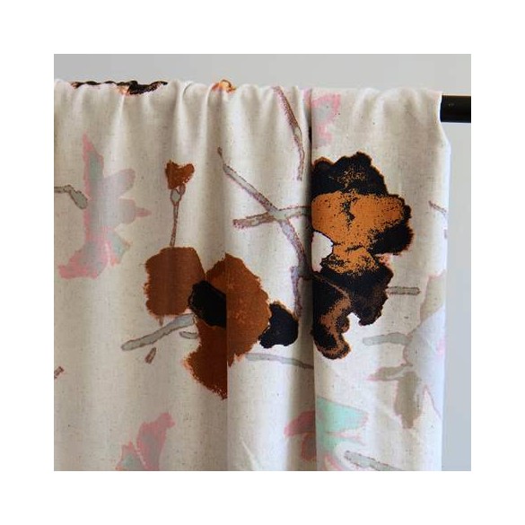 tissu lin et viscose imprimé fleurs caramel