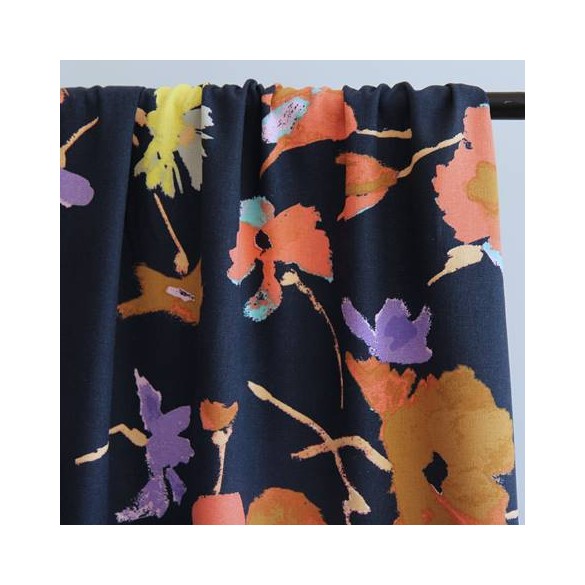tissu lin et viscose imprimé fleurs marine
