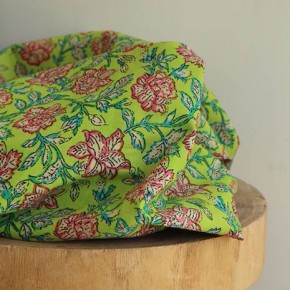 tissu citron vert fleuri - voile de coton