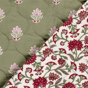 tissu matelassé fleurs - kaki et rose