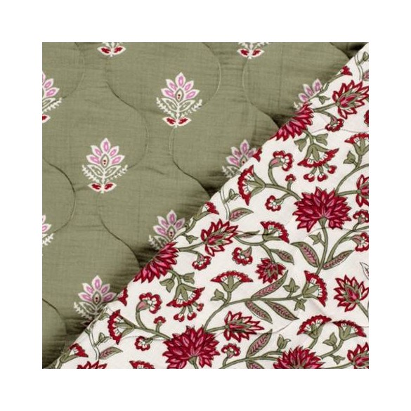 tissu matelassé fleurs - kaki et rose