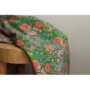 tissu vert fleuri - voile de coton