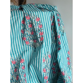 tissu rayé voile de coton indien turquoise et blanc - un chat sur un fil