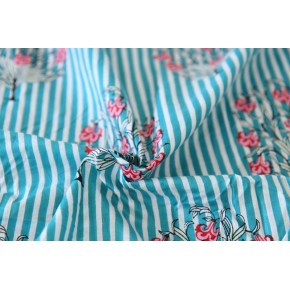 tissu coton indien artisanal rayures et fleurs - bleu turquoise et blanc