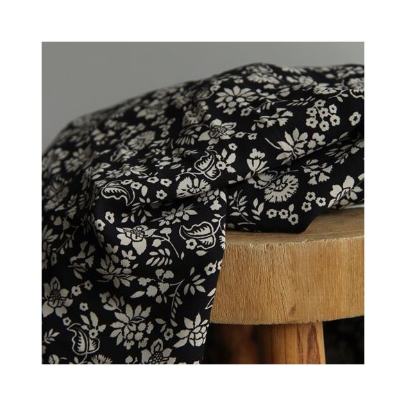 tissu crêpe de viscose - fleurs noir et écru