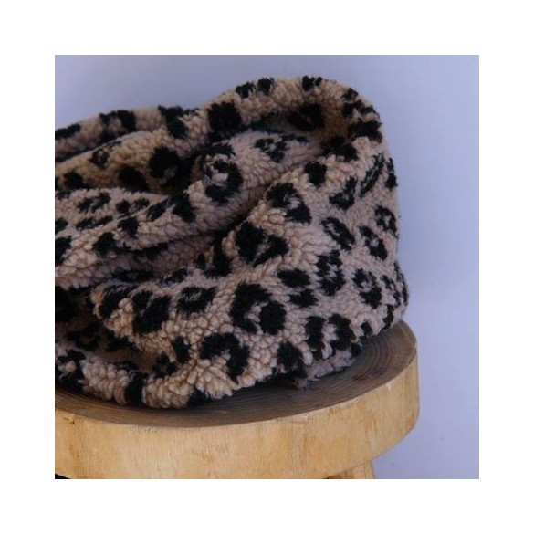 tissu sherpa maille bouclette - léopard taupe et noir