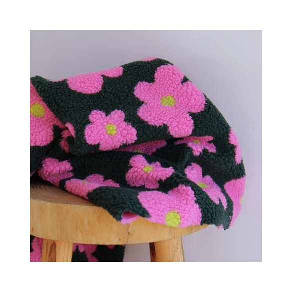 Teddy sherpa  grandes fleurs rétro roses un chat sur un fil