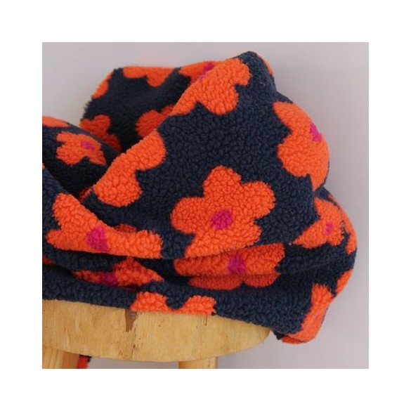 Teddy sherpa  grandes fleurs rétro orange et marine un chat sur un fil