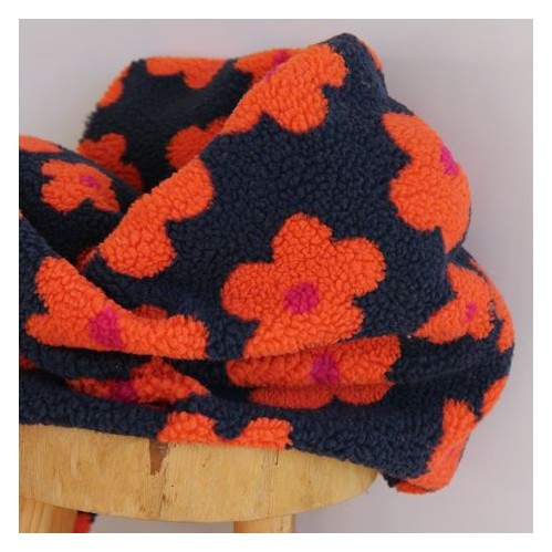 Teddy sherpa  grandes fleurs rétro orange et marine un chat sur un fil