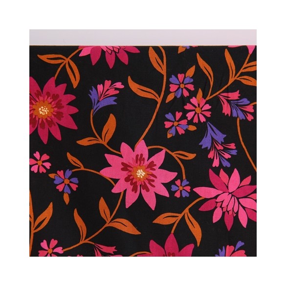 voile de coton fleurs noir - un chat sur un fil