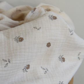 tissu double gaze coton bio fleurs - écru