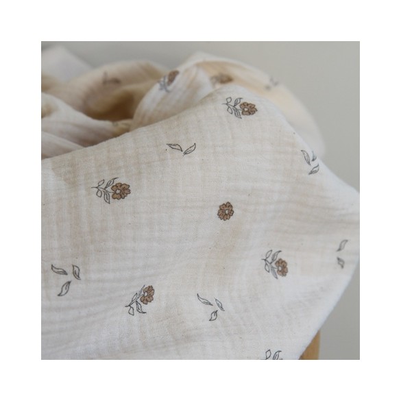 tissu double gaze coton bio fleurs - écru