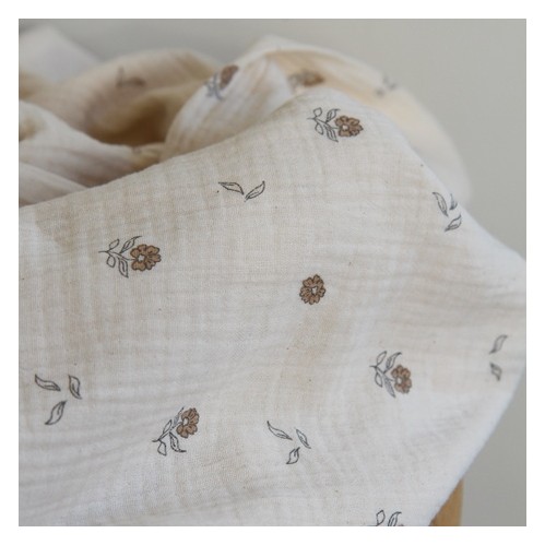 tissu double gaze coton bio fleurs - écru
